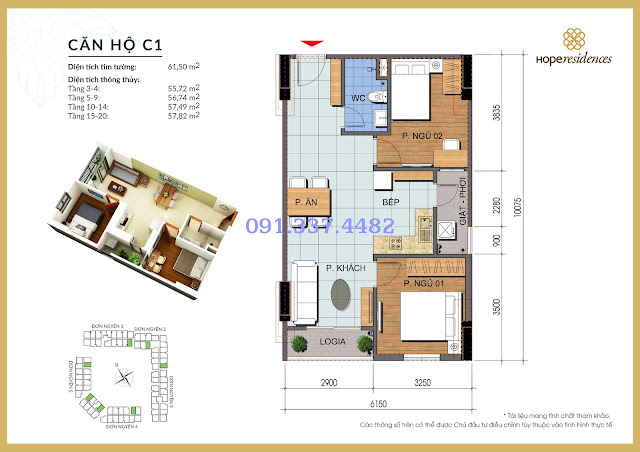 Mặt bằng thiết kế tòa Đơn Nguyên 1 Hope Residences Phúc Đồng