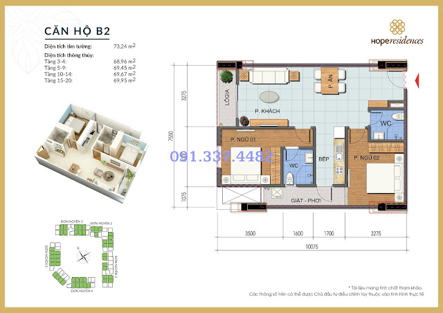 Mặt bằng thiết kế tòa Đơn Nguyên 1 Hope Residences Phúc Đồng